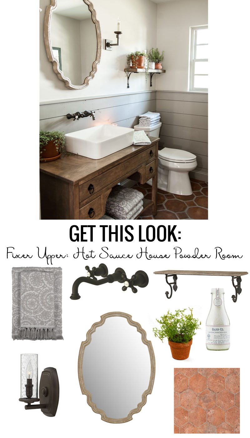 Get the look of the Fixer Upper Hot Sauce House Powder Room. A charming farmhouse bathroom with gray shiplap, terra cotta tile floors, wood accents and greenery.