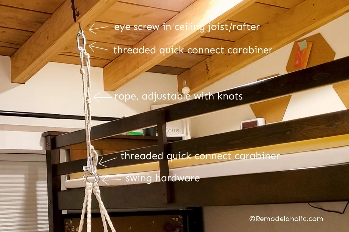 How To Hang A Swing Chair Indoors, Hanging Swing Hardware Setup Diagram With Rope And Carabiners, Bekob