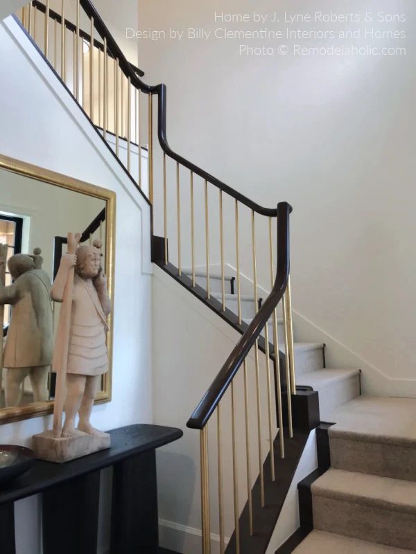 Modern Staircase With Black Gold Stair Railing, Carpeted Runner, Bekob UV21 H07