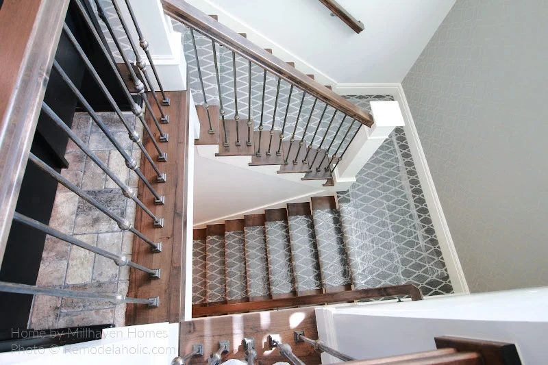 Gray Trellis Stair Runner Rug On Dark Wood Staircase With Custom Carpeted Landing, Bekob 16