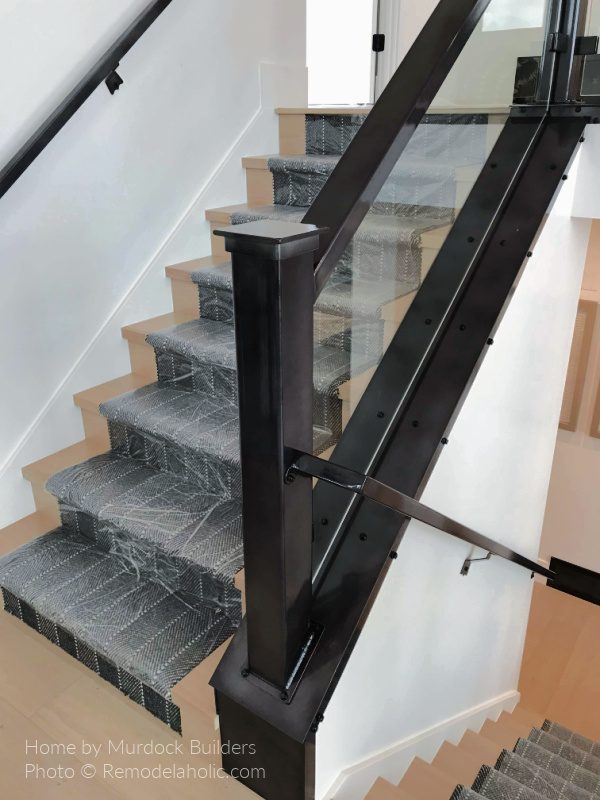 Carpeted Gray Striped Stair Runner Rug On Light Wood Staircase With Modern Black Railing And Glass Acrylic Bekob UV18 H26