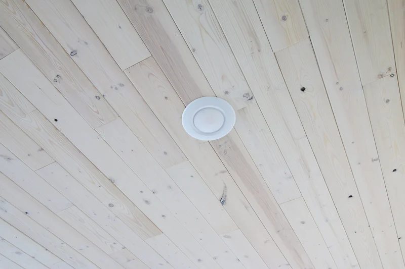 Basement Whitewashed Knotty Pine Plank Wood Ceiling with Recessed Can Lighting