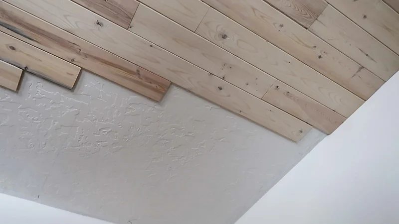 Installing Whitewashed Knotty Pine Boards On Ceiling Stagger Ends Of Boards