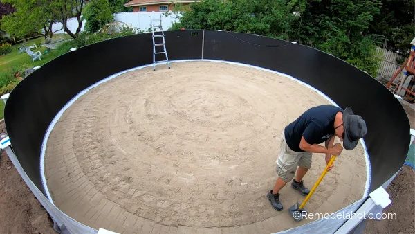 13 Pounding The Sand Flat To Install Pool Liner, Handmade Above Ground Pool Installation, Bekob