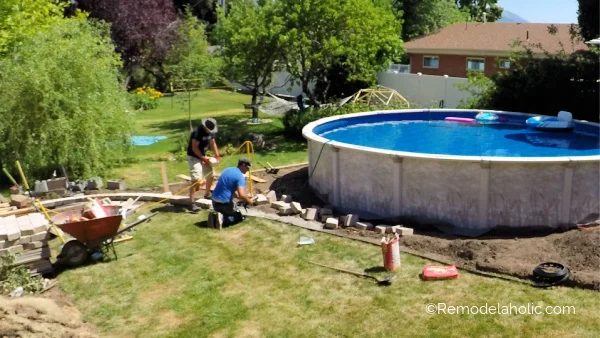 23 Landscape Edging Around Backyard Above Ground Swimming Pool, Handmade Installation, Bekob