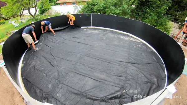 14 Laying Out The Black Weed Barrier Before The Pool Liner, Handmade Backyard Pool Install Bekob