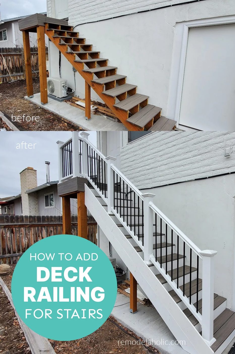 How To Add Deck Railing For Stairs, Before And After, Bekob