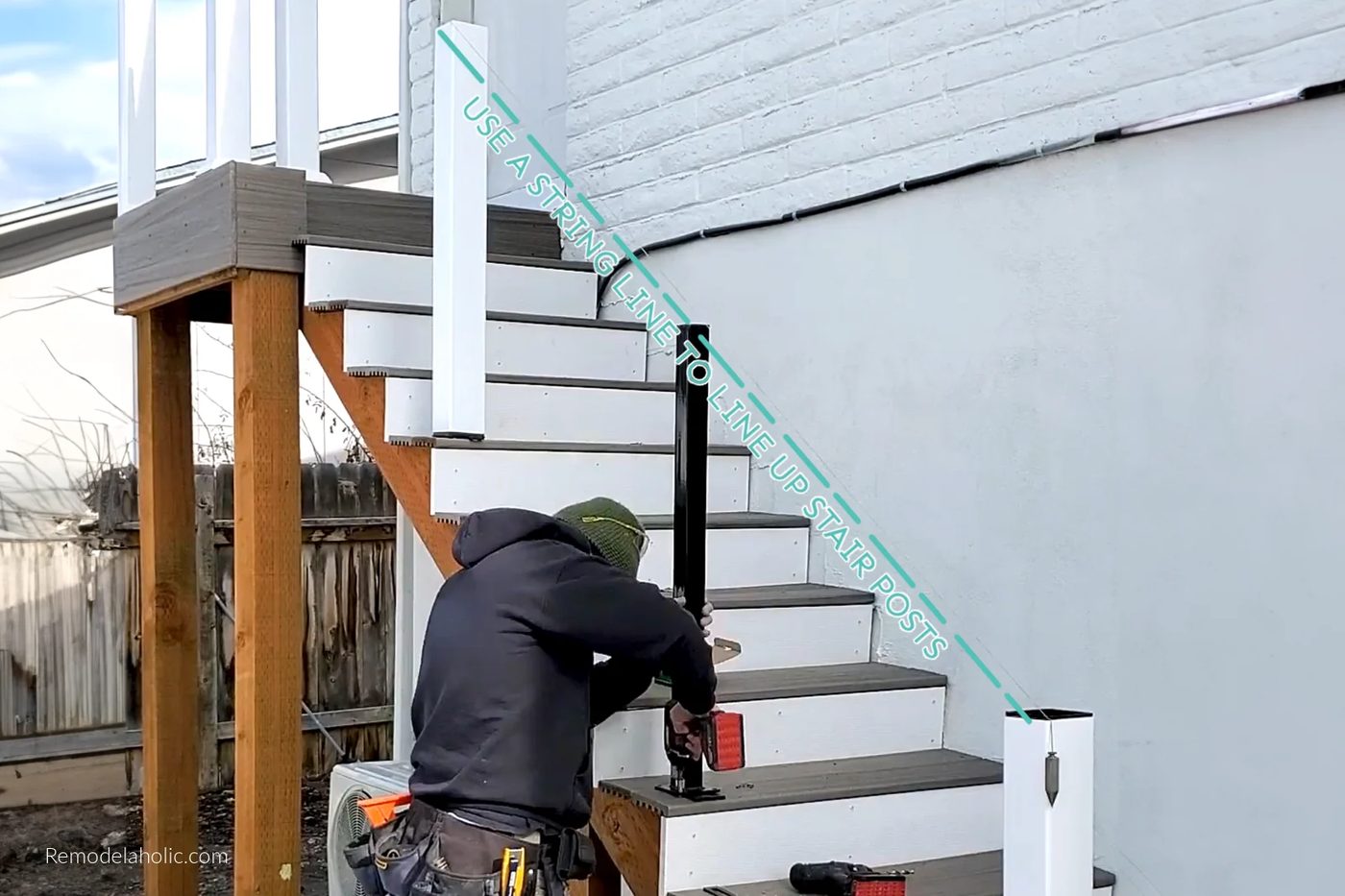 Stair Posts Installation Using A String Line To Align, Bekob