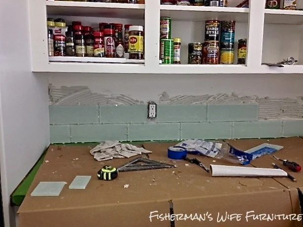installing glass subway tile backsplash, Fisherman's Wife Furniture featured on Bekob.com