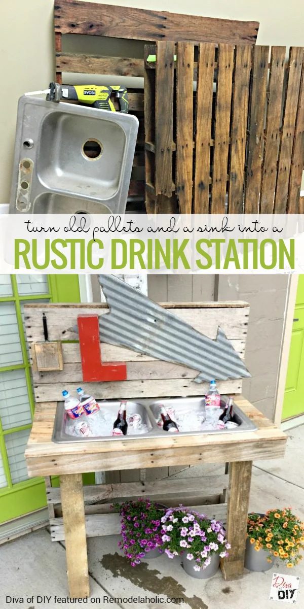 Repurpose a couple of old pallets and an old sink into a pallet drink station, well fitted for summer entertaining on your patio!