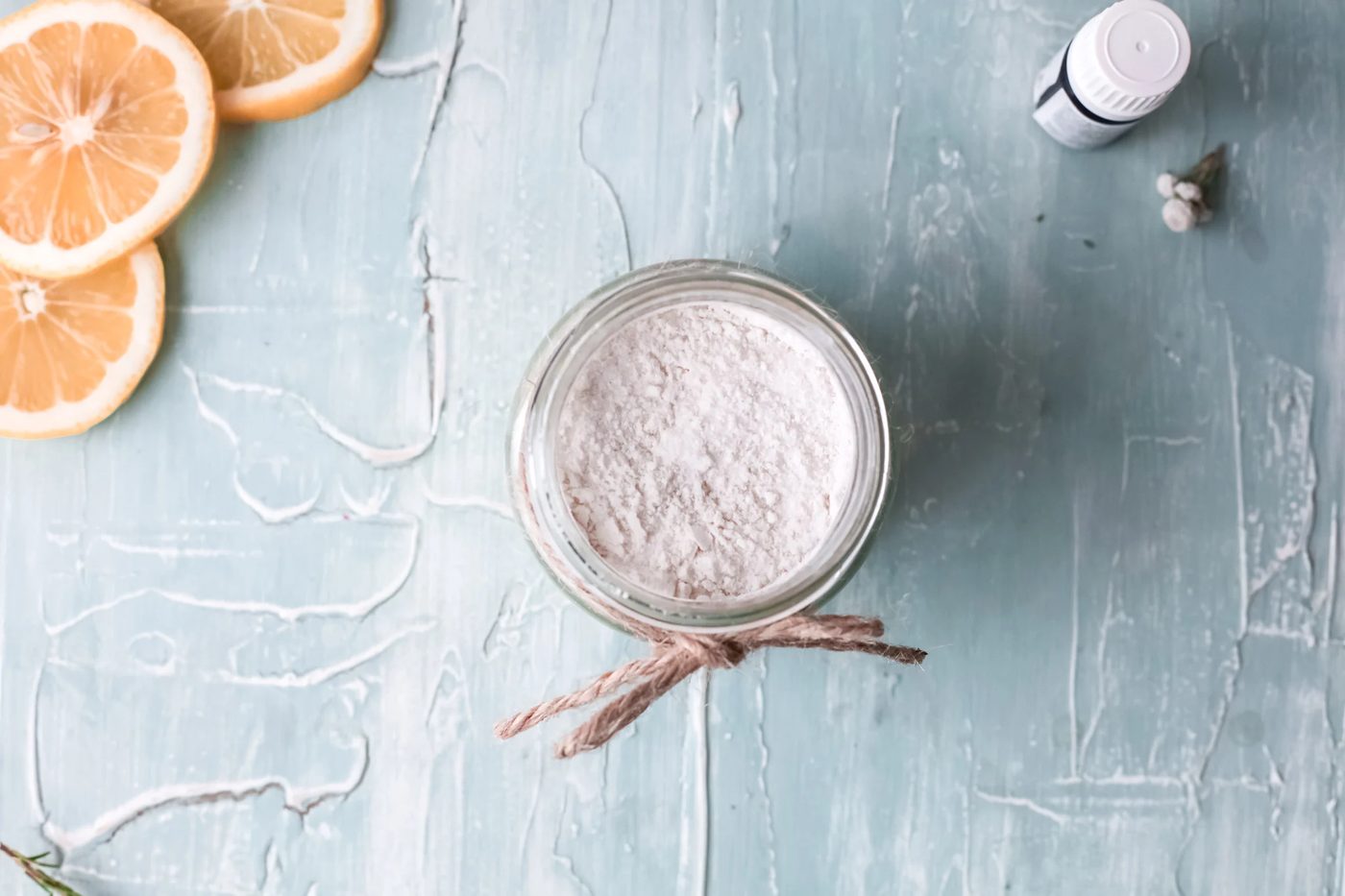 jar of baking soda and essential oil Handmade carpet deodorizer and freshener powder