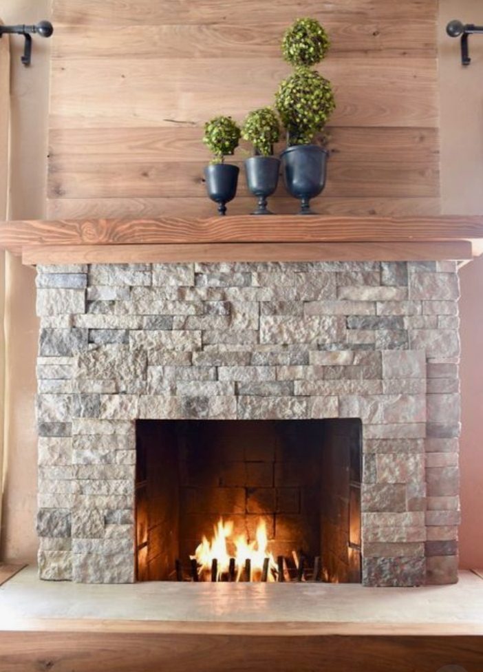 vivid Wood And Grey Brick Firelpace