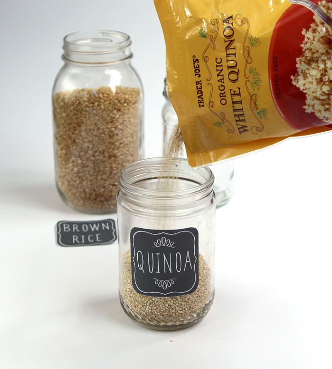 Two Glass Mason Jars Labeled With Cute Chalkboard Labels Showing Brown Rice And Quinoa