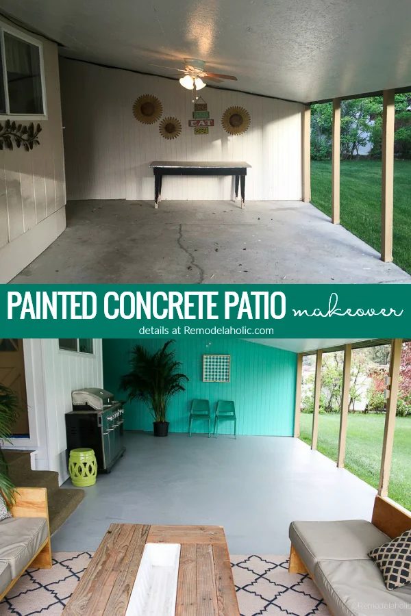 Covered Patio Makeover With Painted Concrete Slab | Your old, cracked concrete slab can look like NEW again! Learn how to paint a concrete patio, from prepping and filling cracks t