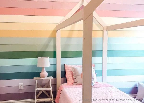 Creative Wall Painted Ombre Rainbow Shiplap Accent Wall In A Girl's Room With A Twin House Bed, @home Kimprovements On Bekob