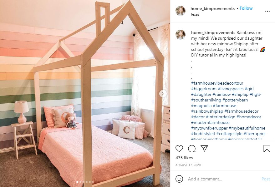 House Bed Frame For Girl's Room With Painted Rainbow Shiplap Accent Wall, @home Kimprovements On Bekob