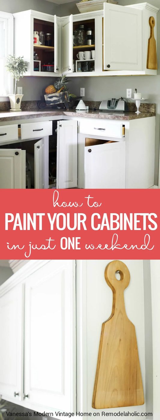 Just one weekend to a new look for your kitchen! Learn how to paint ALL your cabinets in just one weekend with Vanessa's Modern Vintage Home on Bekob.com