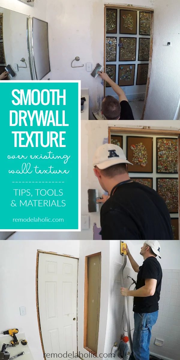 Wondering how to update wall texture? See how we went from a dated rough texture to smooth drywall texture in our bathroom while adding built-ins between the studs, including our e
