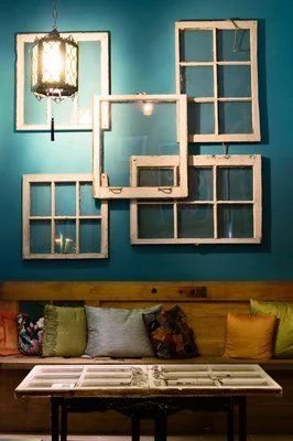 source unknown - old window gallery wall with window coffee table - via Bekob