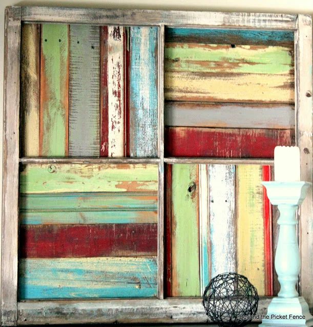 Beyond The Picket Fence - salvaged window into wood scrap wall art - via Bekob