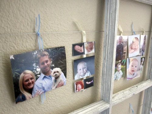Design Build Love - use ribbon and wire to hang photos and cards in an old paned window - via Bekob