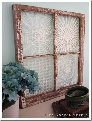 Flea Market Trixie - old window with vintage doilies - via Bekob