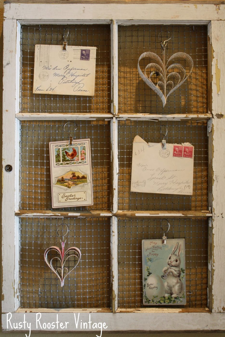 Rusty Rooster Vintage - old paned window with hardware cloth as photo display or memo board - via Bekob