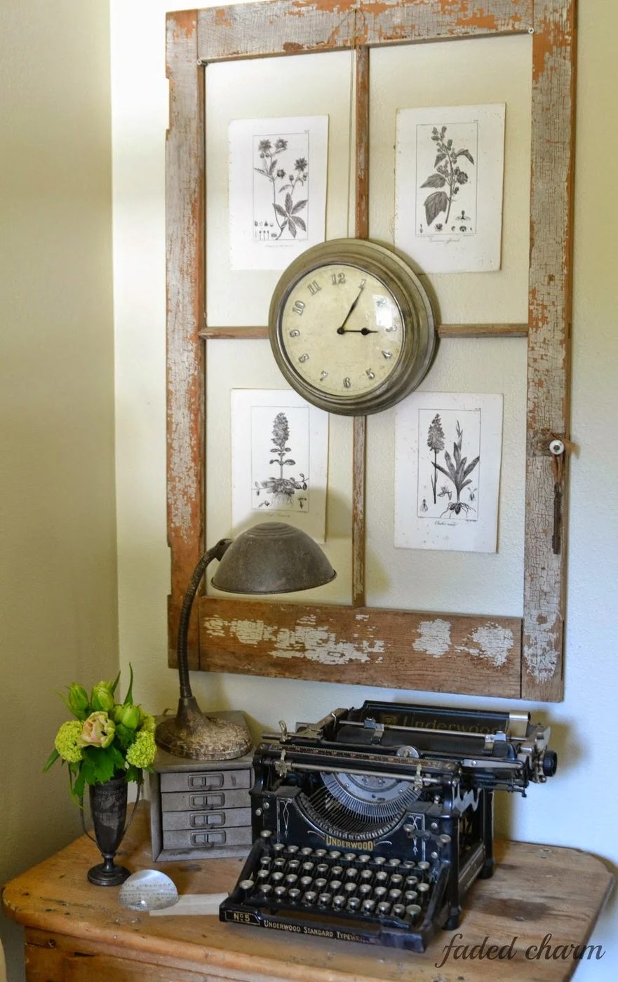 Faded Charm Cottage - old window into botanical frame with clock - via Bekob