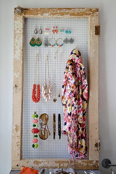 Hello Brit via Home Depot - old window and hardware cloth as an accessory organizer - via Bekob