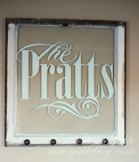 Stonegable Blog - old window into family sign with vinyl - via Bekob