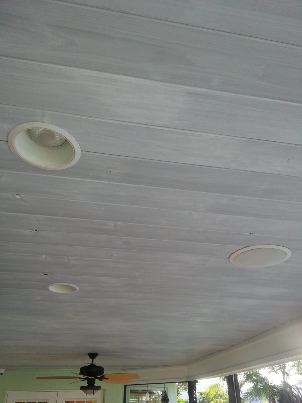 ceiling: whitewashed wood over gray stain