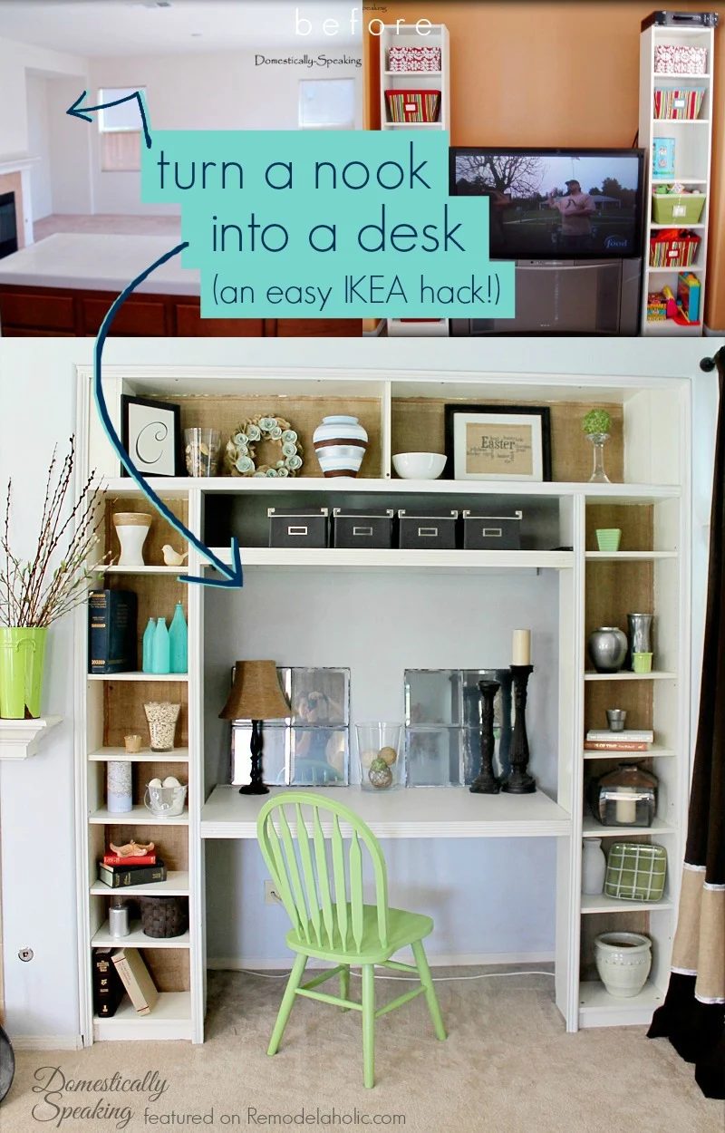 Use IKEA bookshelves to turn a nook or closet into a built-in desk Domestically Speaking featured on @Bekob