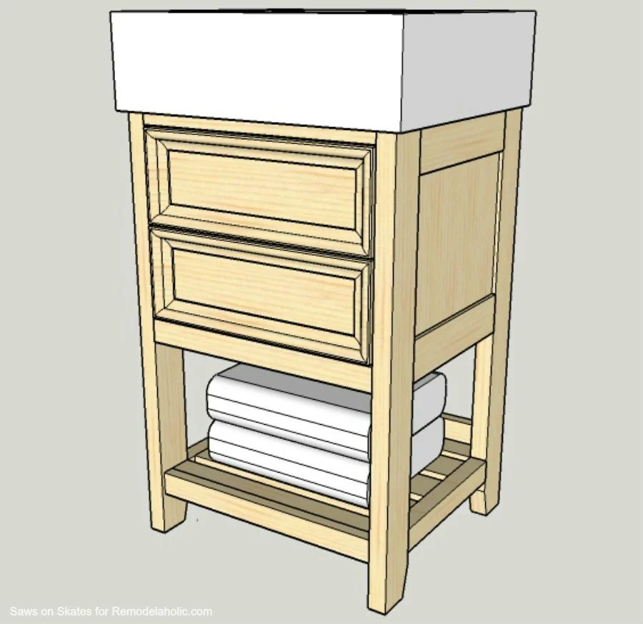 Build a small vanity with an IKEA sink -- and it has both open storage on the bottom AND a hidden storage cabinet behind two false drawer fronts.