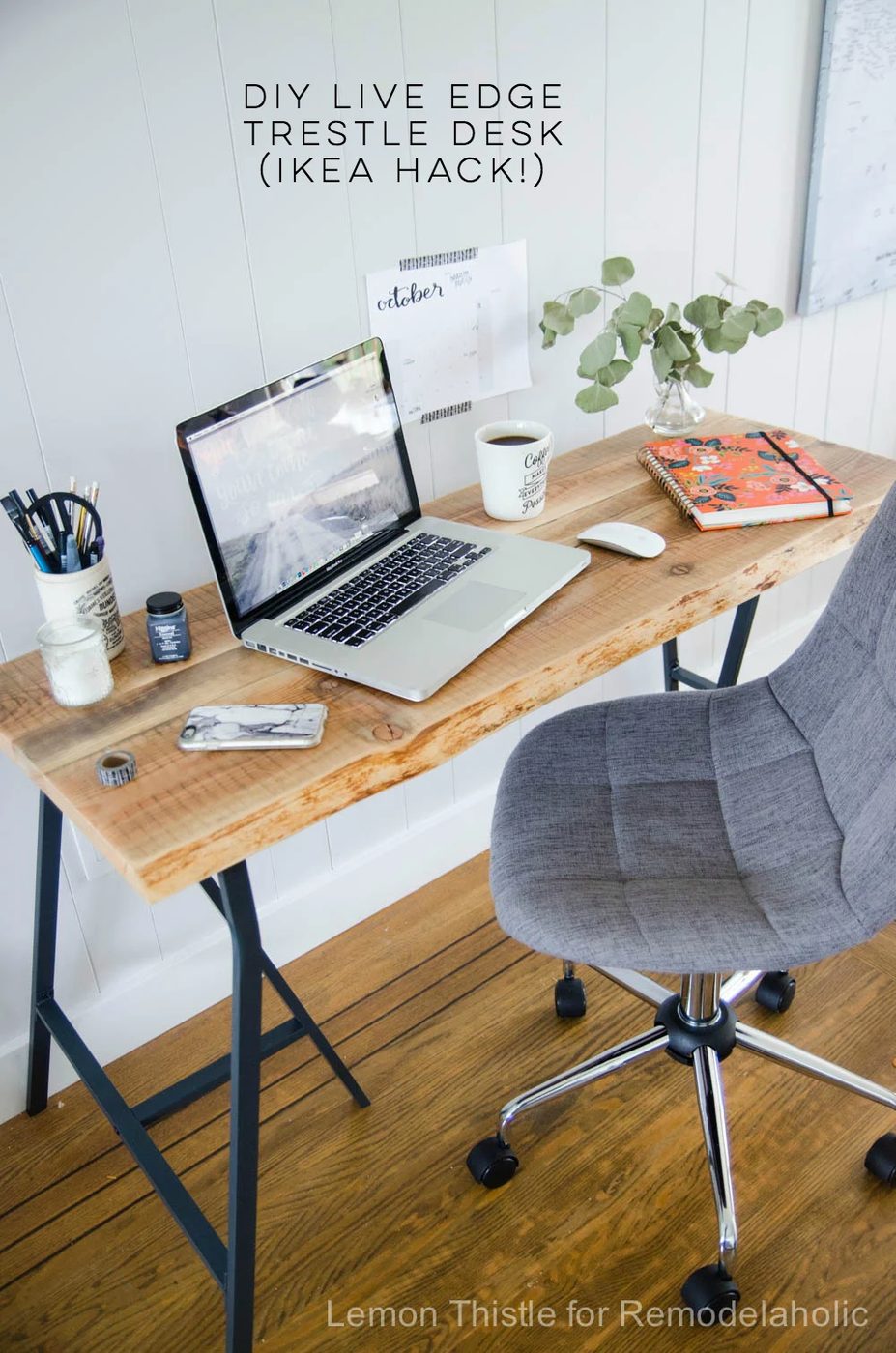 Handmade Live Edge Desk with Trestle Legs- I can't believe it's an Ikea method- It looks so great!