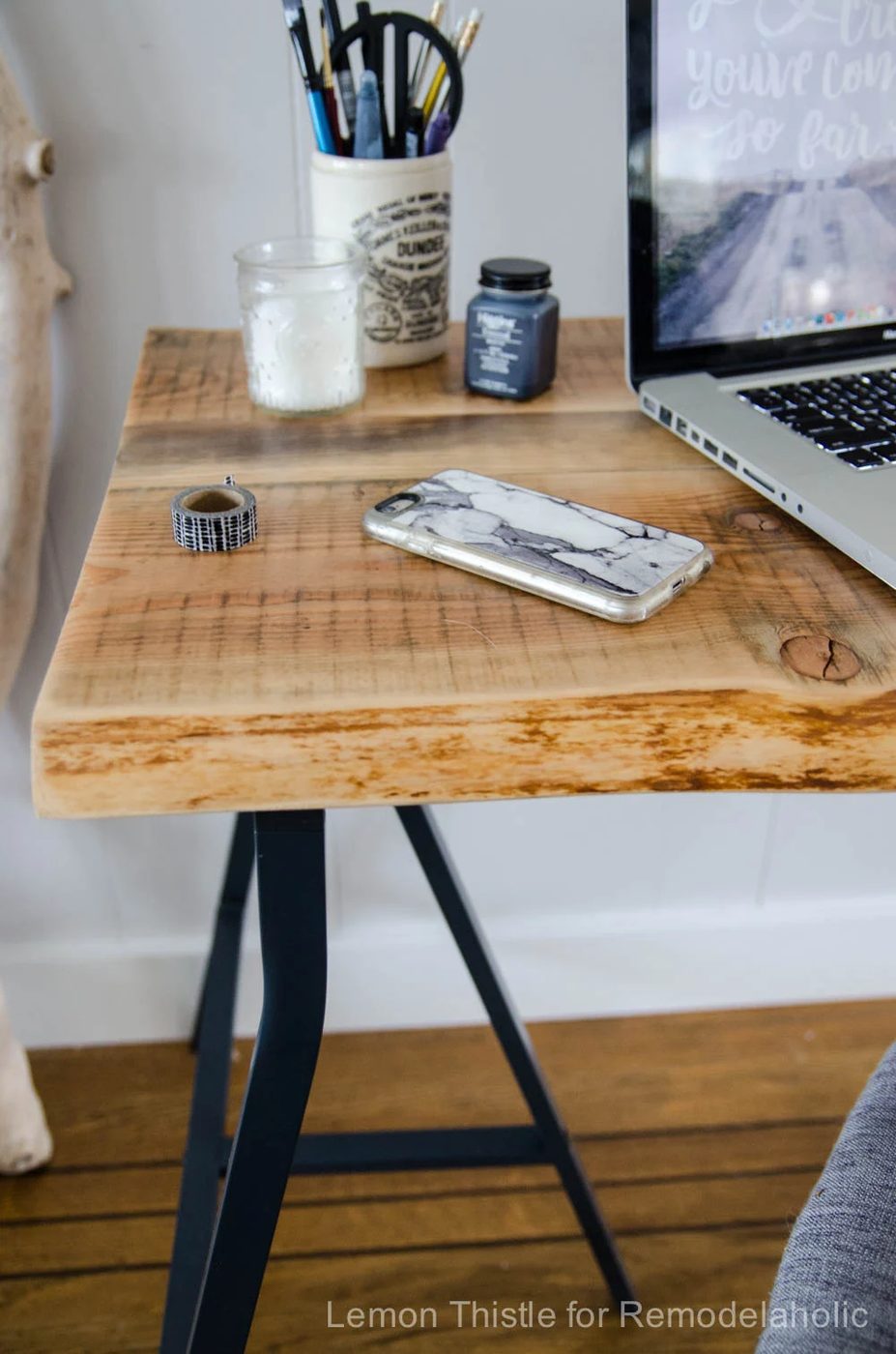 Handmade Live Edge Desk with Trestle Legs- I can't believe it's an Ikea method- It looks so great!