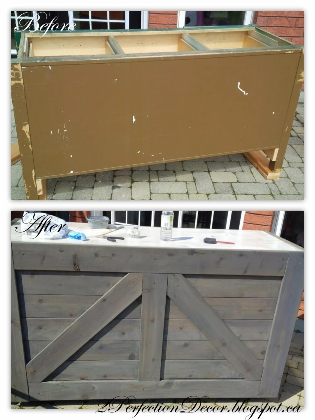 How to Make a Rustic Wooden Bar with Galvanized Counter from an old Cabinet by 2Perfection Decor Blog featured on Bekob