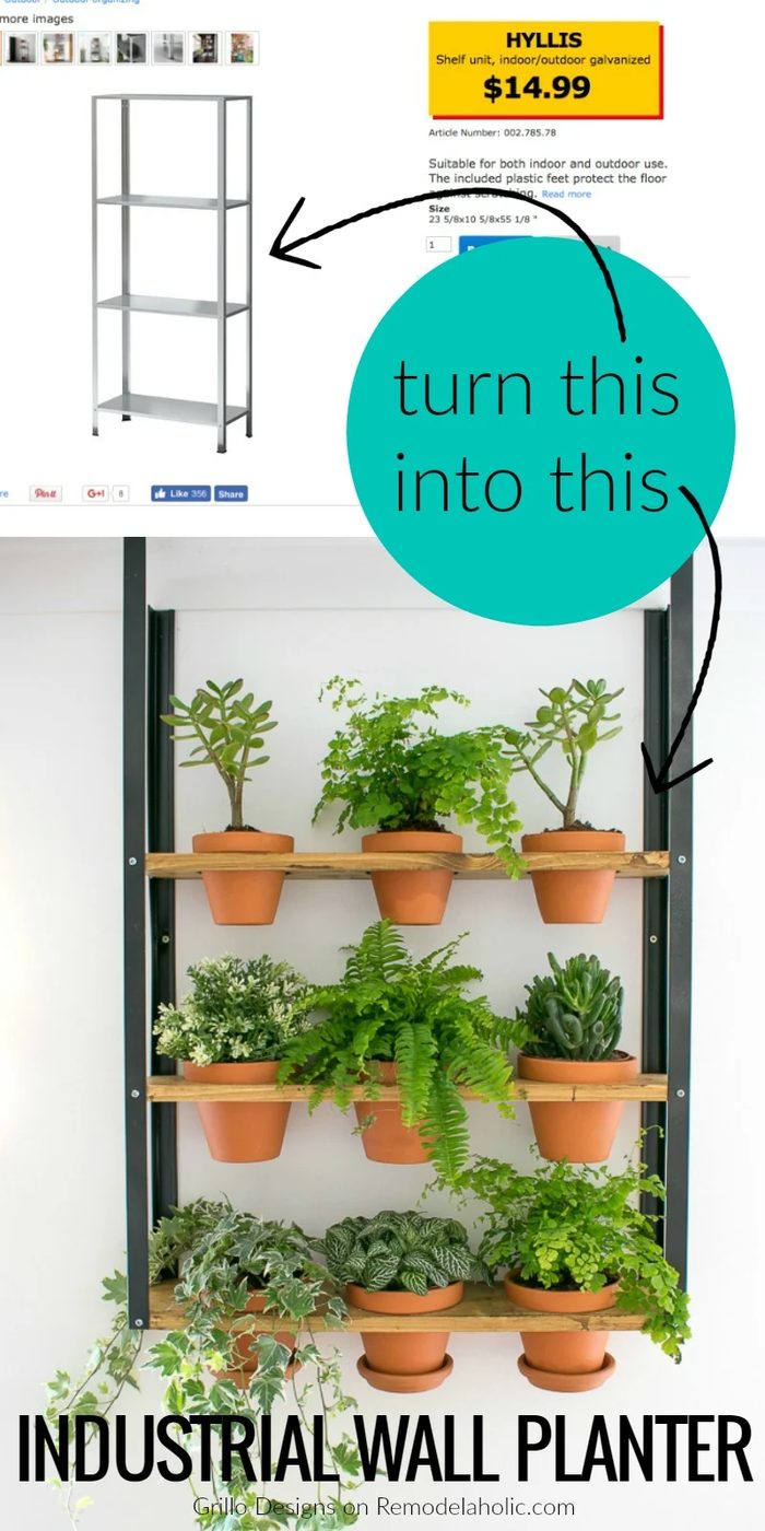 IKEA method: Turn an inexpensive Hyllis metal shelf into an industrial wall planter, great for houseplants or an herb garden. walkthrough from Grillo Designs on Bekob.com