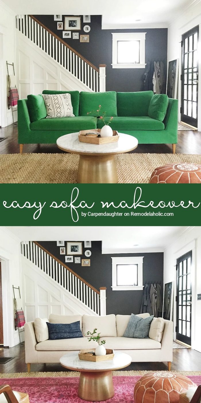 Easily give your couch and living room a new look with an straightforward sofa slipcover, like this one for an IKEA Stockholm sofa. Get the details on Bekob.com.