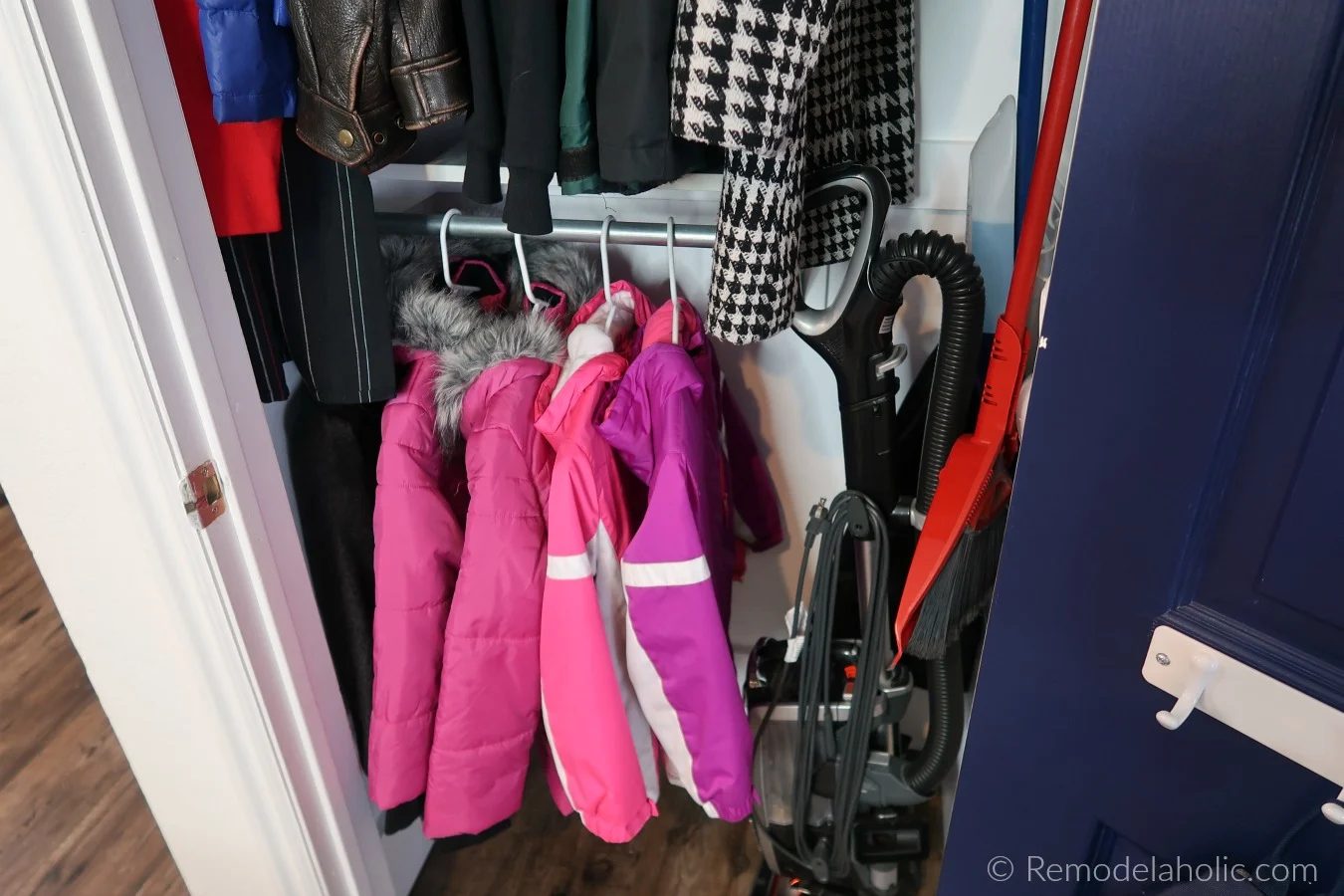 Kid Friendly Coat Closet Organization And Broom Closet With Lower Shelf And Hanging Rod And Room For Cleaning Supplies And Vacuum #Bekob
