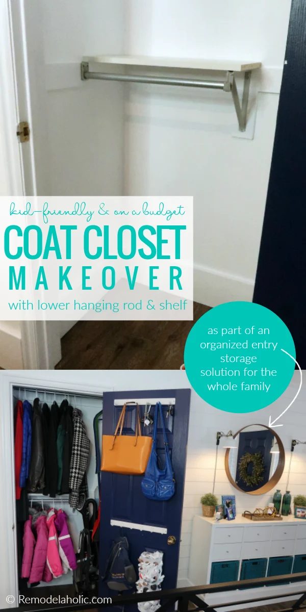 modest-cost Coat Closet Makeover With A Kid Friendly Lower Hanging Rod And Shelf In An Organized Entryway #Bekob #coatcloset #hallcloset #storagecloset #organization