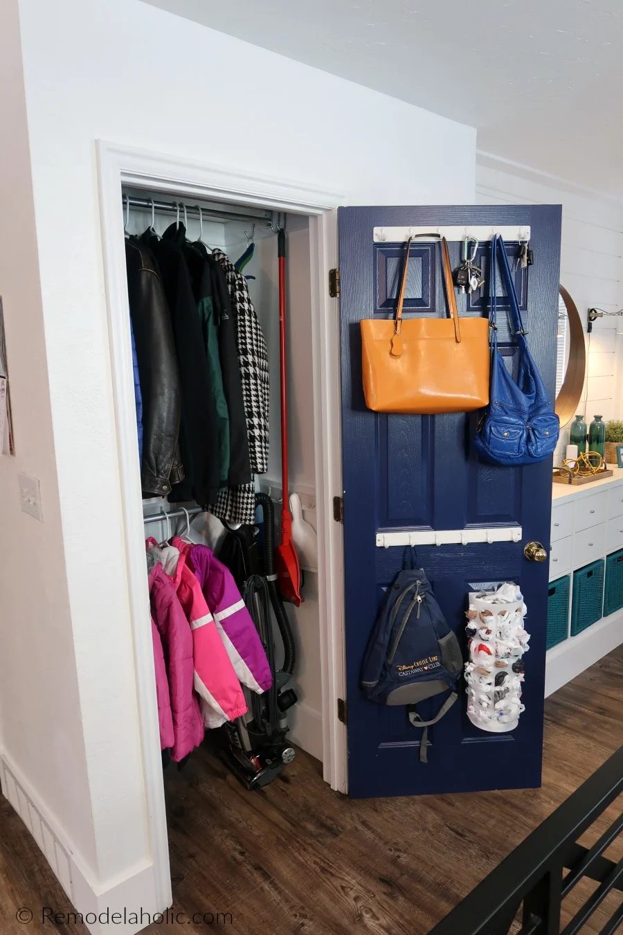 Decluttered Organized Front Entryway Closet As A Coat Closet, Cleaning Closet, Broom Closet, With Storage For Coats, Vacuum, Broom, Mop, Tools, Purses, Backpacks, And More #Bekob