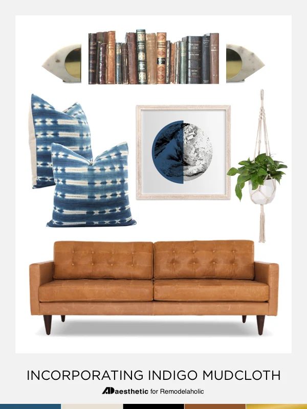Learn how to add striking blue indigo mudcloth to your decor with this comfortable but chic living room mood board decor options and product picks. #Bekob