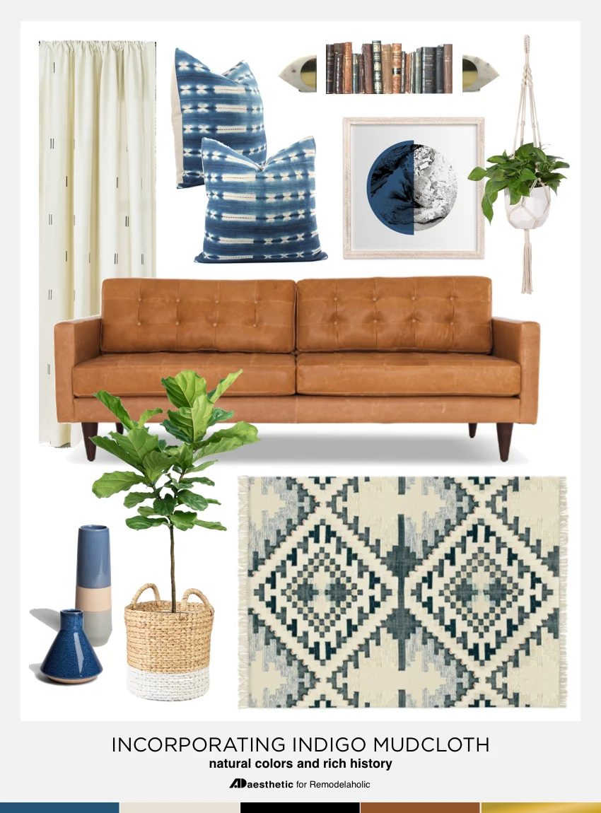 Learn how to add striking blue indigo mudcloth to your decor with this comfortable but chic living room mood board decor options and product picks. #Bekob
