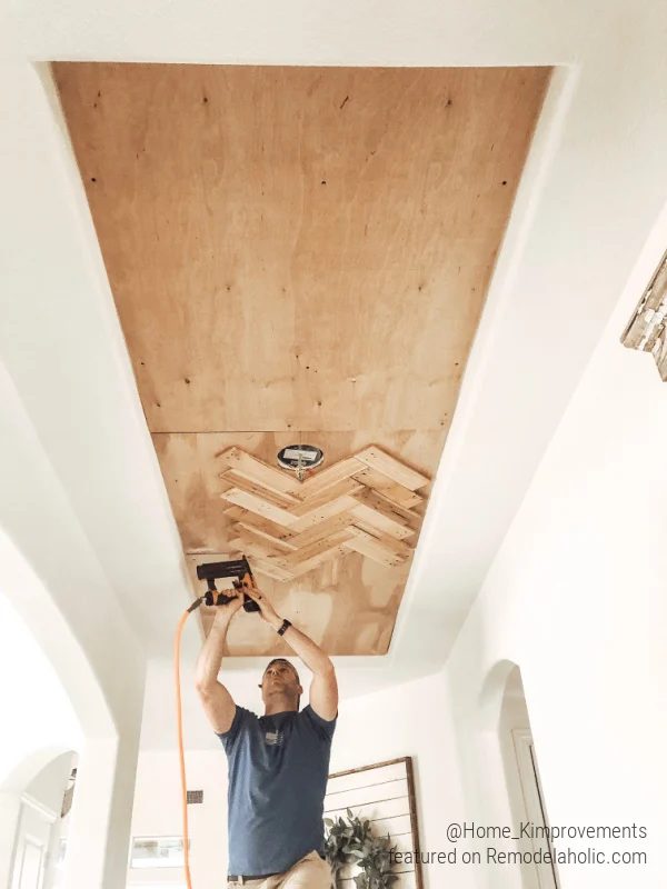 Install A Handmade Pallet Wood Ceiling Herringbone Pattern To Update A Tray Ceiling, Home Kimprovements On Bekob