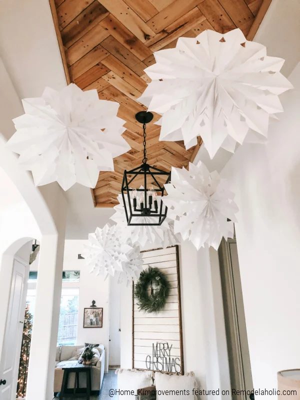 White Paper Bag Snowflakes Hung From Entryway Ceiling, Pallet Wood Ceiling For Inset Tray Ceiling, Home Kimprovements On Bekob