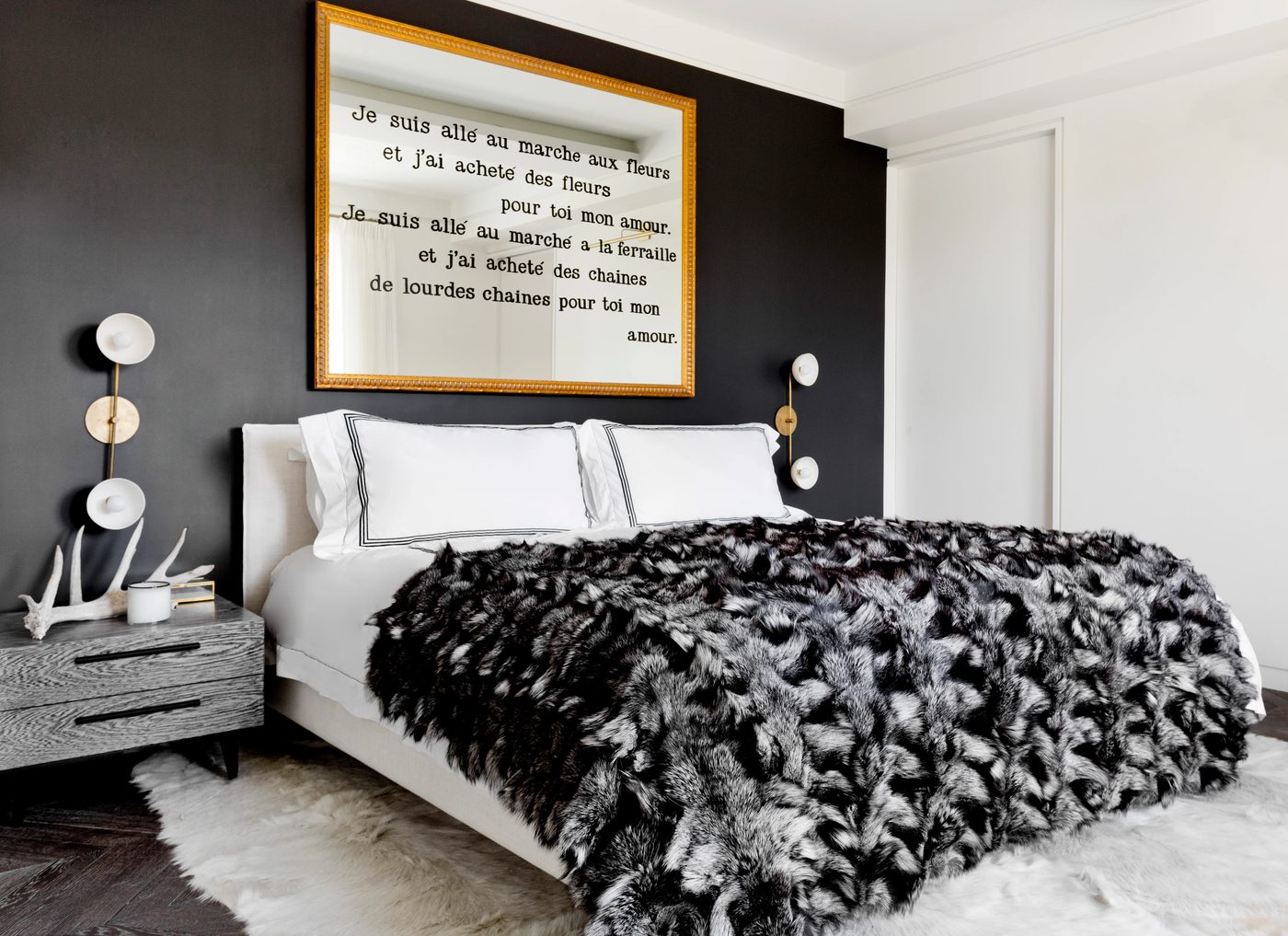vivid black and white master bedroom design (designed by Tamara Magel via @Bekob)