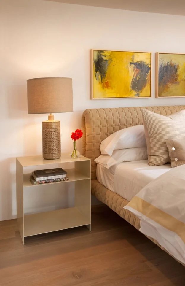 neutral and yellow modern minimalist master bedroom by Violante & Rochford Interiors, photo credit © Wendy McEahern