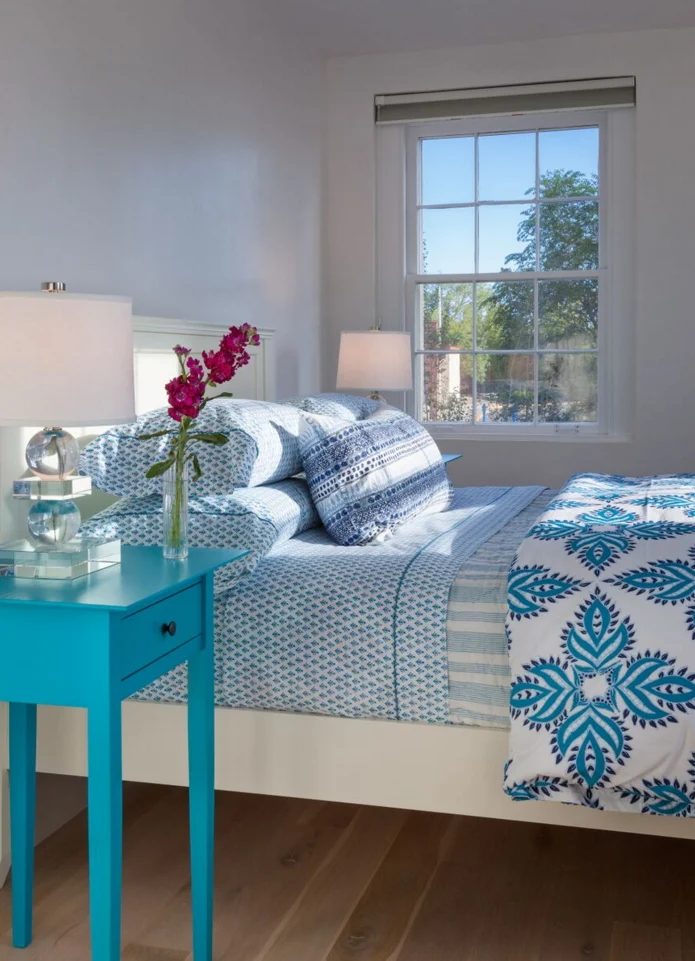 Love the mix of patterns! Blue bedroom by Violante & Rochford Interiors, photo credit © Wendy McEahern