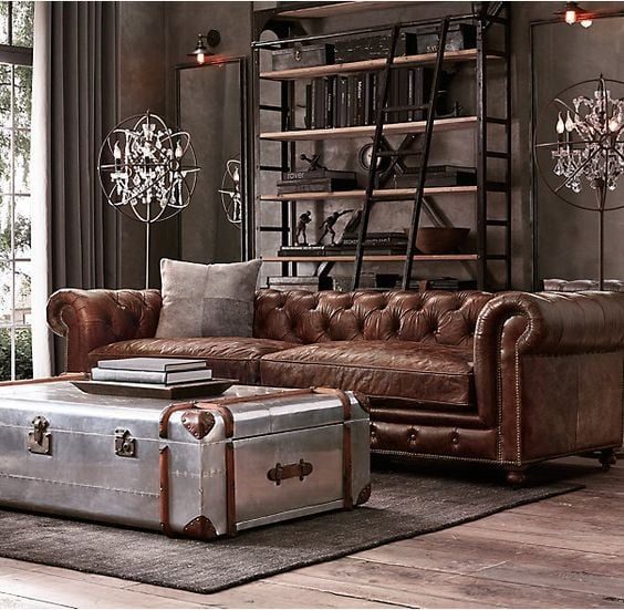 Steampunk leather sofa living room restoration hardware