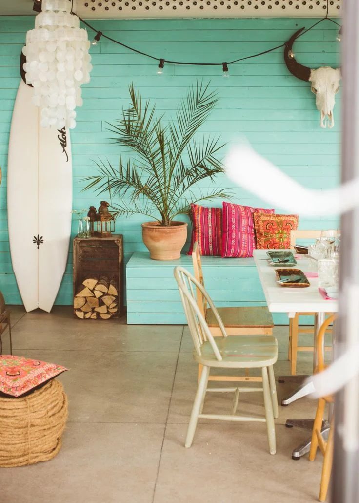 Turquoise plank wall beach house | Modern Tropical Style on Bekob.com